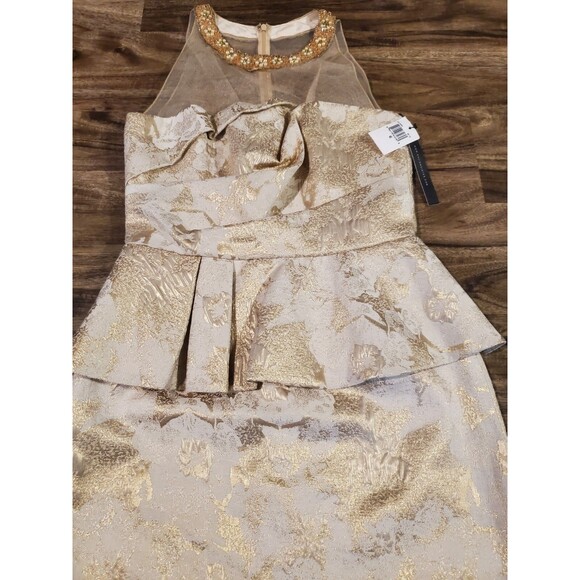 $628 David Meister Women Size 6 Sleeveless Illusion Peplum Gown Dress Gold Cream - Picture 6 of 9